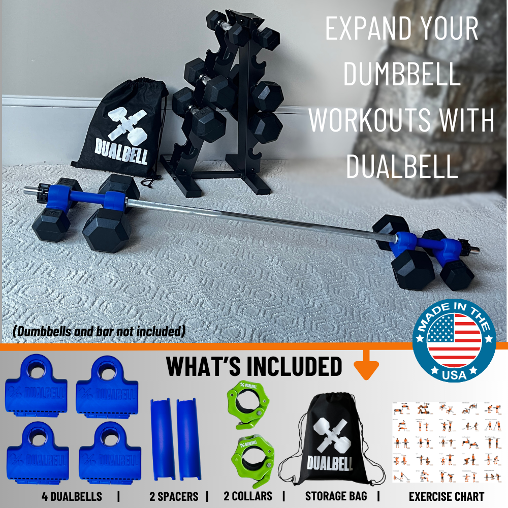 Dualbell Superset Bundle- Dumbbells on Barbell Adapter 4-pack w/barbell clamps