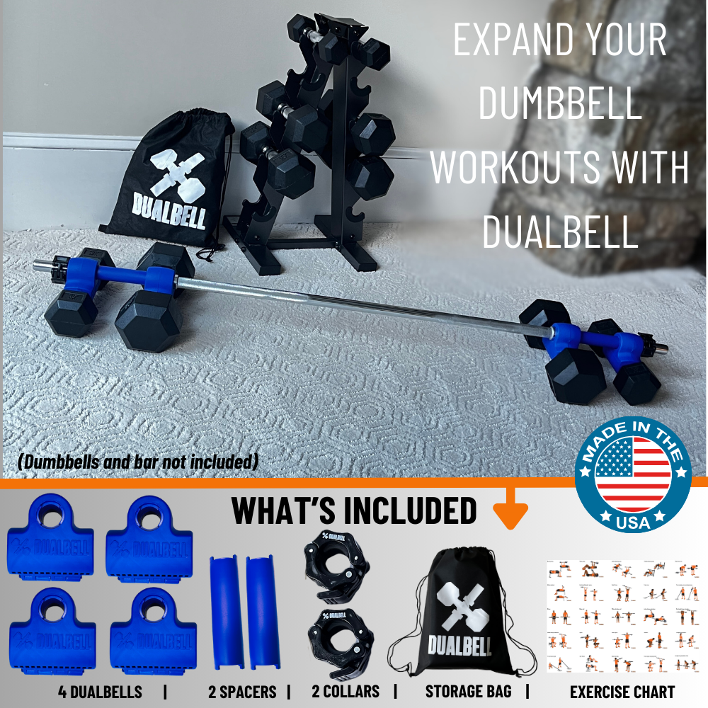 Dualbell Superset Bundle- Dumbbells on Barbell Adapter 4-pack w/barbell clamps