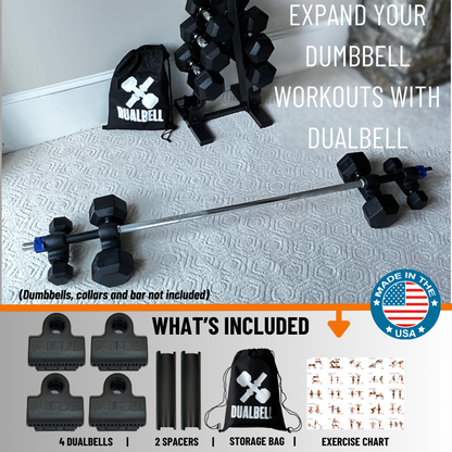 Dualbell Superset Bundle- Dumbbells on Barbell Adapter 4-pack w/barbell clamps