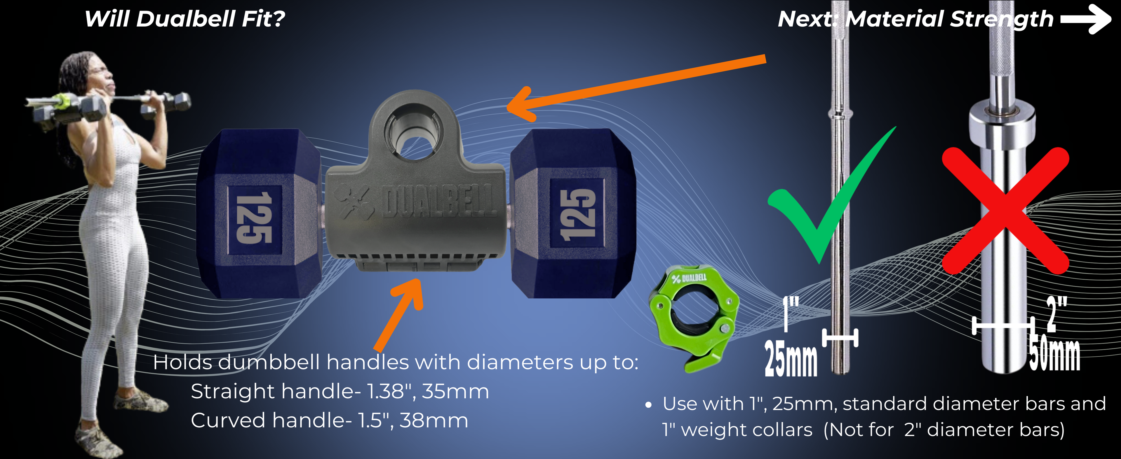 Illustration of Dualbell dumbbell converters with measurements for fitting standard bars and dumbbell handle sizes.