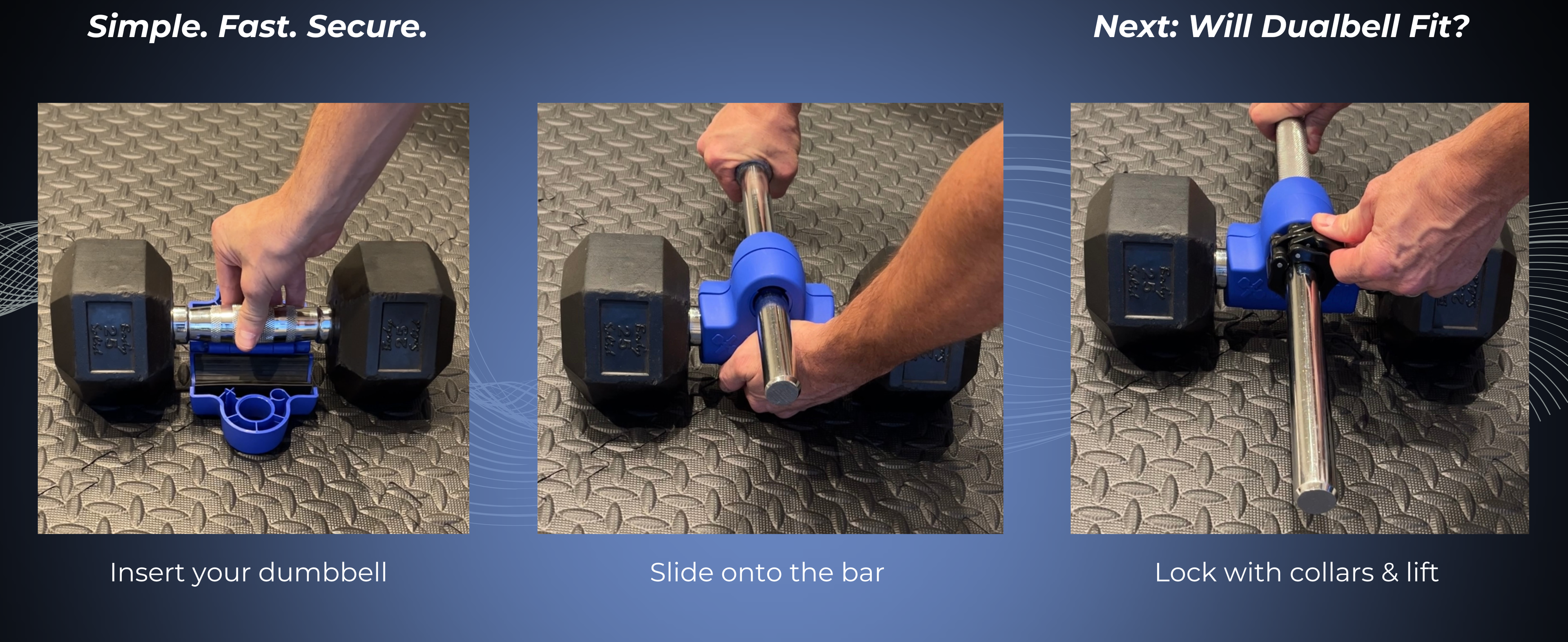 Step-by-step process of loading the Dualbell dumbbell converter with text indicating simplicity, speed, and security.